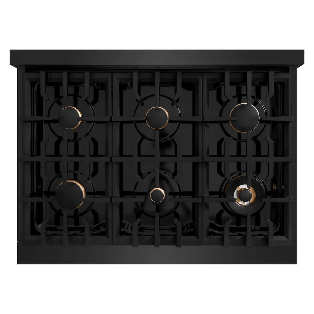 ZLINE Autograph Edition 36 in. 5.2 cu. ft. Classic Dual Fuel Range with 6 Burner Gas Cooktop and Electric Convection Oven in Black Stainless Steel with Champagne Bronze Accents, Open Box-Great Condition - Image 2
