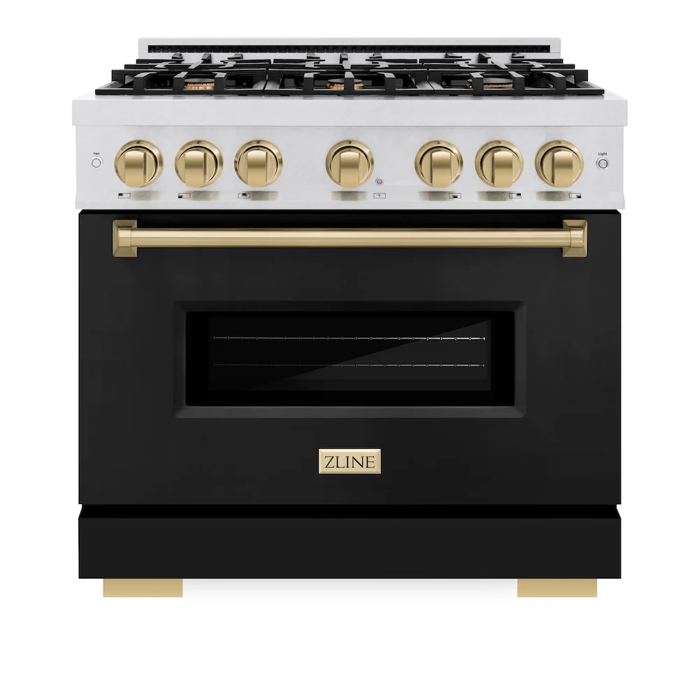 ZLINE Autograph Edition 36 in. 5.2 cu. ft. Classic Dual Fuel Range with 6 Burner Gas Cooktop and Electric Convection Oven in Satin Stainless Steel with Black Matte Door and Champagne Bronze Accents, Open Box-Great Condition - Image 4