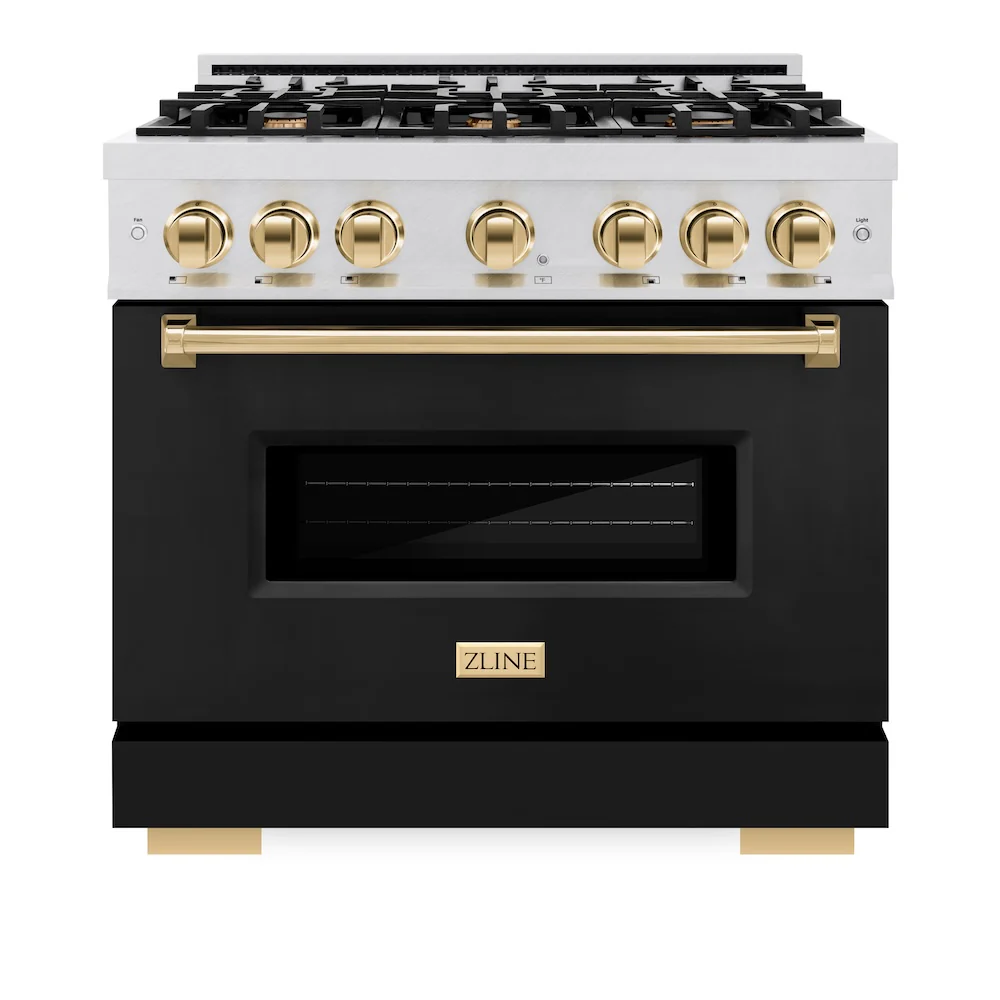 ZLINE Autograph Edition 36 in. 5.2 cu. ft. Classic Dual Fuel Range with 6 Burner Gas Cooktop and Electric Convection Oven in Satin Stainless Steel with Black Matte Door and Polished Gold Accents, Open Box-Great Condition - Image 4