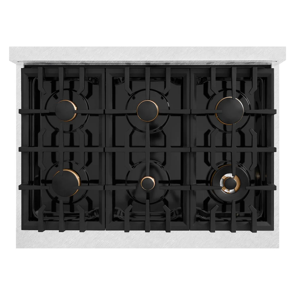 ZLINE Autograph Edition 36 in. 5.2 cu. ft. Classic Dual Fuel Range with 6 Burner Gas Cooktop and Electric Convection Oven in Satin Stainless Steel with Champagne Bronze Accents, Open Box-Great Condition - Image 2