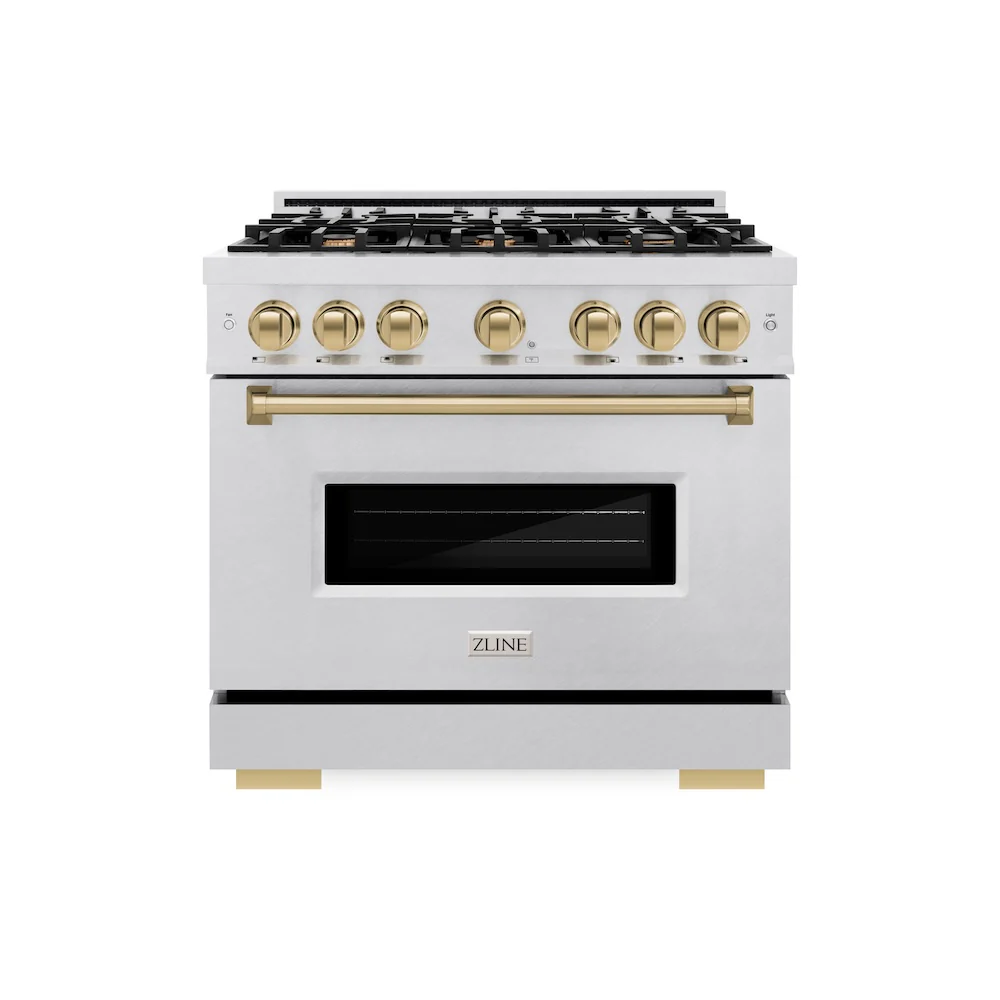 ZLINE Autograph Edition 36 in. 5.2 cu. ft. Classic Dual Fuel Range with 6 Burner Gas Cooktop and Electric Convection Oven in Satin Stainless Steel with Champagne Bronze Accents, Open Box-Great Condition - Image 4
