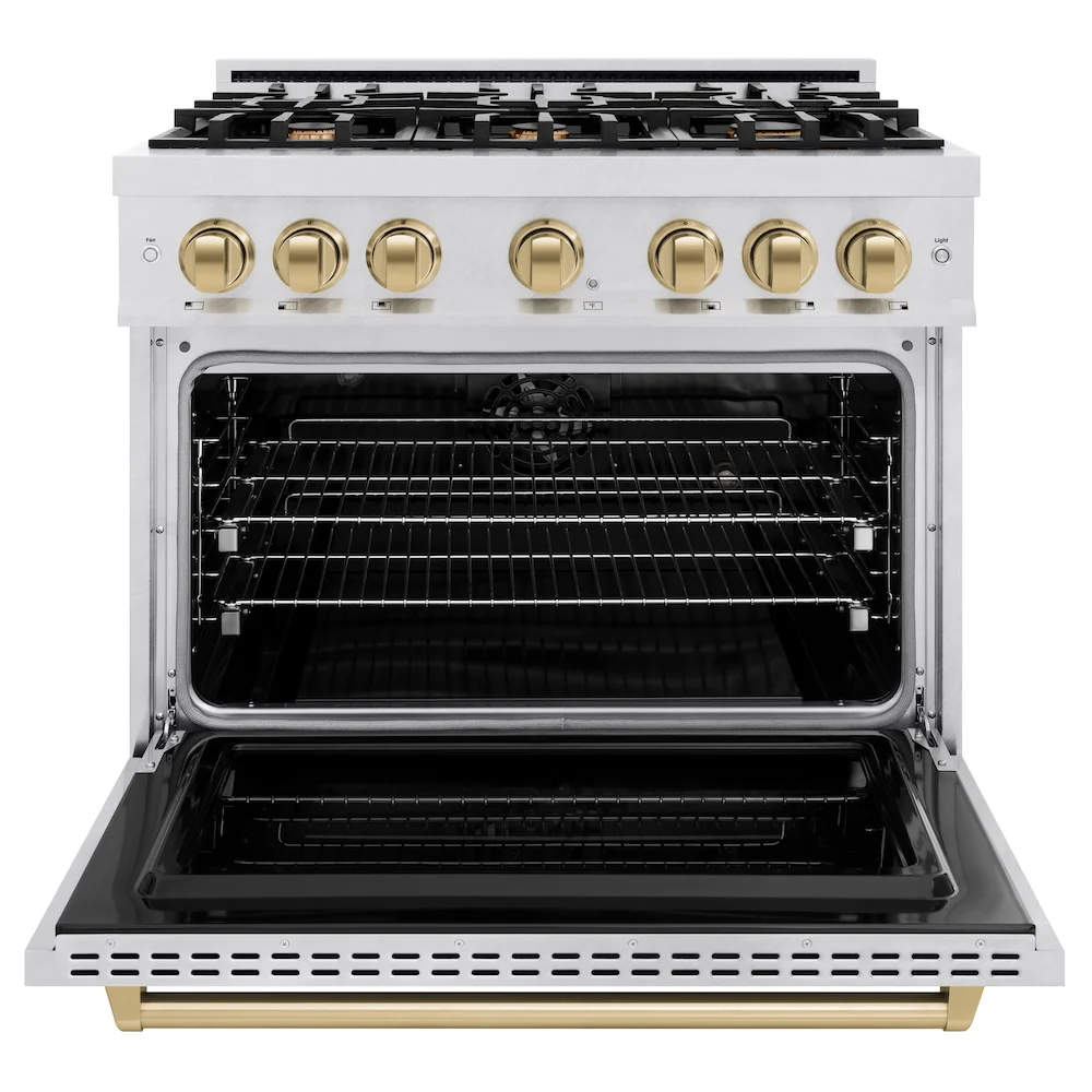 ZLINE Autograph Edition 36 in. 5.2 cu. ft. Classic Dual Fuel Range with 6 Burner Gas Cooktop and Electric Convection Oven in Satin Stainless Steel with Champagne Bronze Accents, Open Box-Great Condition - Image 5