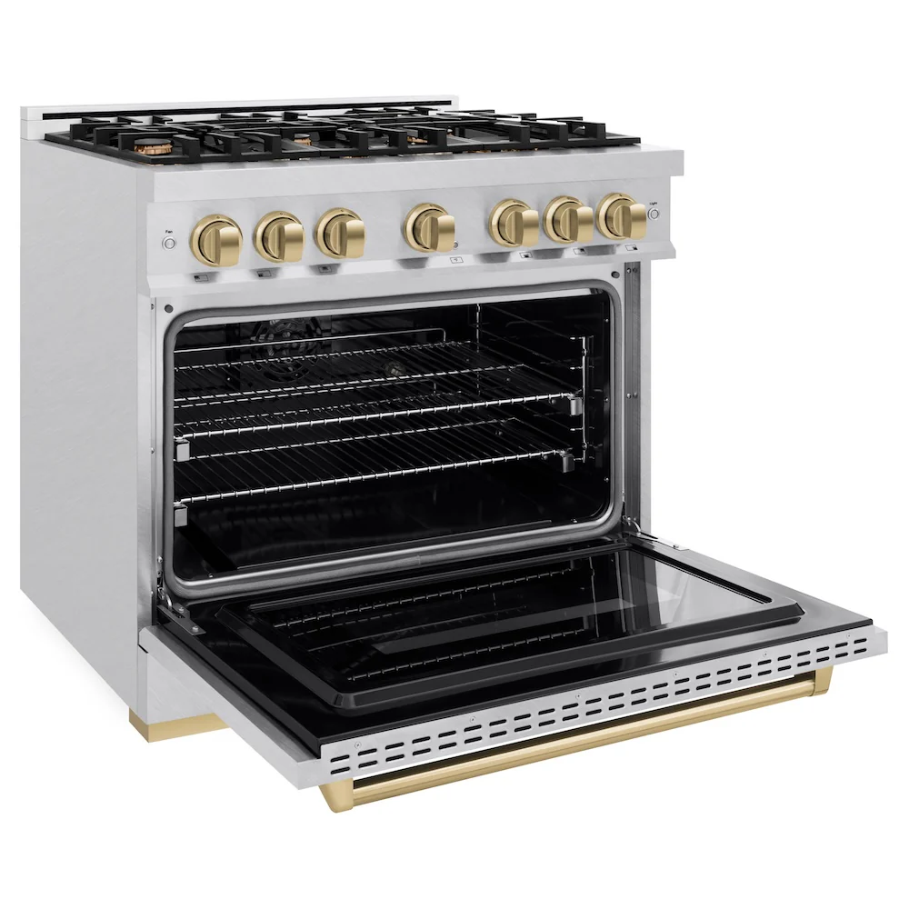 ZLINE Autograph Edition 36 in. 5.2 cu. ft. Classic Dual Fuel Range with 6 Burner Gas Cooktop and Electric Convection Oven in Satin Stainless Steel with Champagne Bronze Accents, Open Box-Great Condition - Image 7