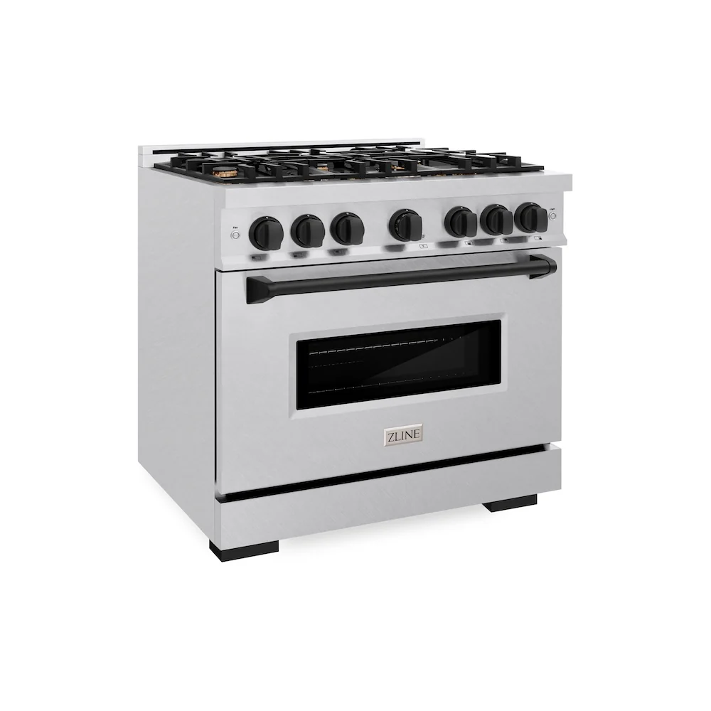 ZLINE Autograph Edition 36 in. 5.2 cu. ft. Classic Dual Fuel Range with 6 Burner Gas Cooktop and Electric Convection Oven in Satin Stainless Steel with Matte Black Accents, Open Box-Great Condition