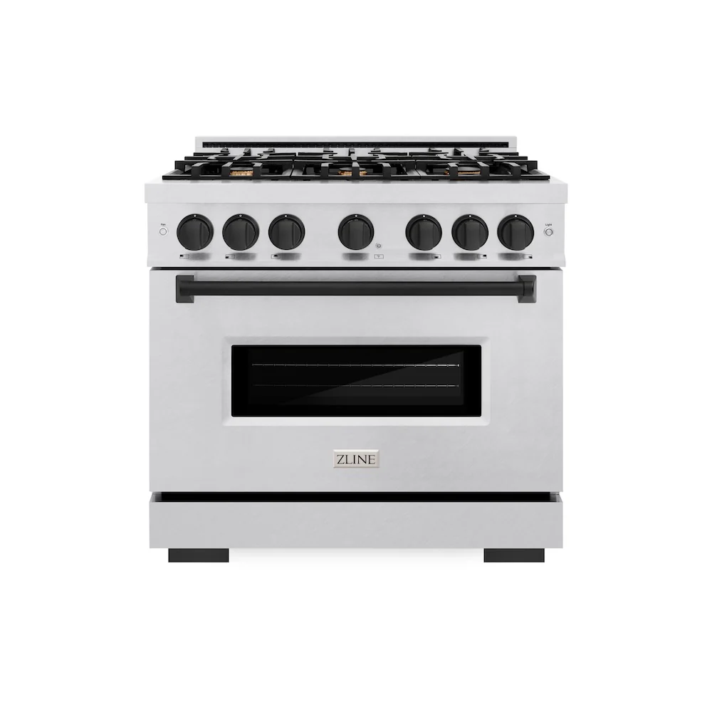 ZLINE Autograph Edition 36 in. 5.2 cu. ft. Classic Dual Fuel Range with 6 Burner Gas Cooktop and Electric Convection Oven in Satin Stainless Steel with Matte Black Accents, Open Box-Great Condition - Image 4