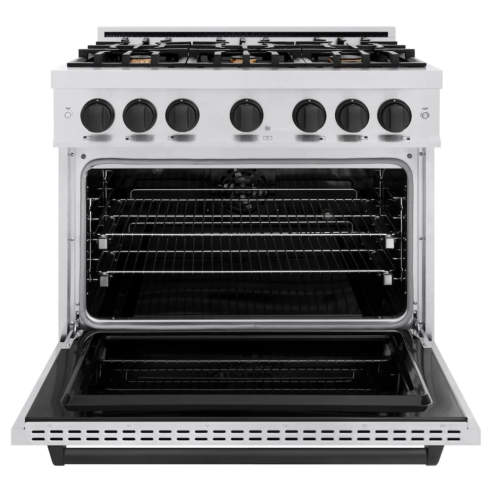 ZLINE Autograph Edition 36 in. 5.2 cu. ft. Classic Dual Fuel Range with 6 Burner Gas Cooktop and Electric Convection Oven in Satin Stainless Steel with Matte Black Accents, Open Box-Great Condition - Image 5