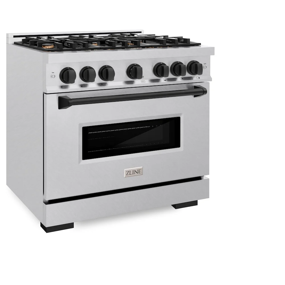 ZLINE Autograph Edition 36 in. 5.2 cu. ft. Classic Dual Fuel Range with 6 Burner Gas Cooktop and Electric Convection Oven in Satin Stainless Steel with Matte Black Accents, Open Box-Great Condition - Image 6