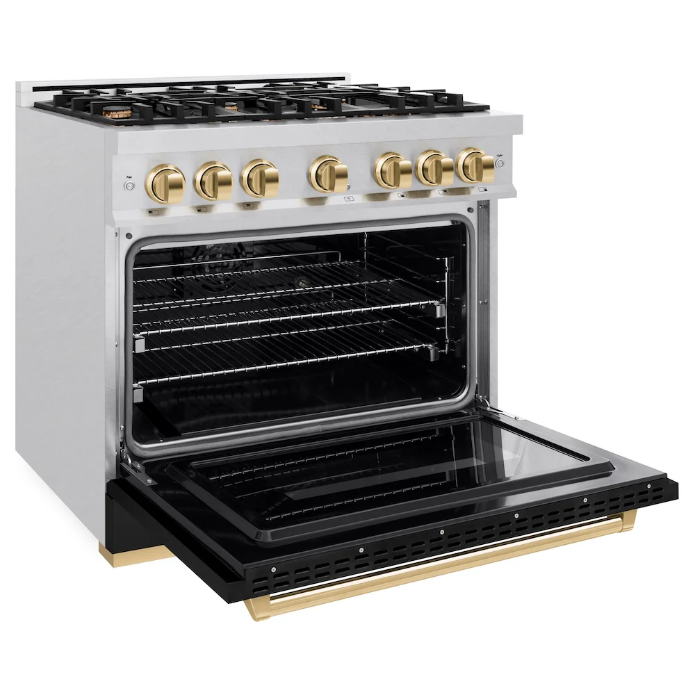 ZLINE Autograph Edition 36 in. 5.2 cu. ft. Classic Dual Fuel Range with 6 Burner Gas Cooktop and Electric Convection Oven in Satin Stainless Steel with Polished Gold Accents, Open Box-Great Condition - Image 7