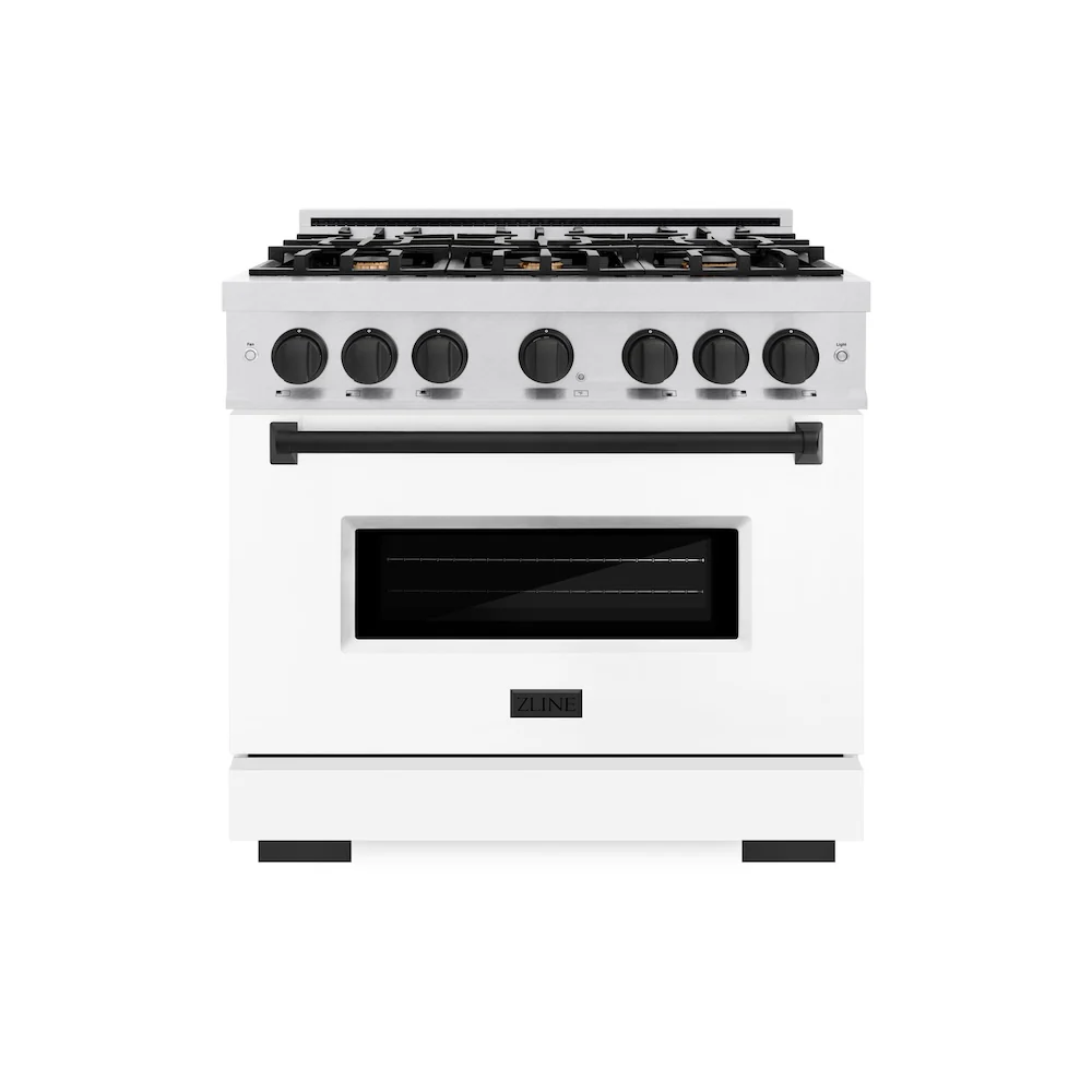 ZLINE Autograph Edition 36 in. 5.2 cu. ft. Classic Dual Fuel Range with 6 Burner Gas Cooktop and Electric Convection Oven in Satin Stainless Steel with White Matte Door and Matte Black Accents, Open Box-Great Condition - Image 3