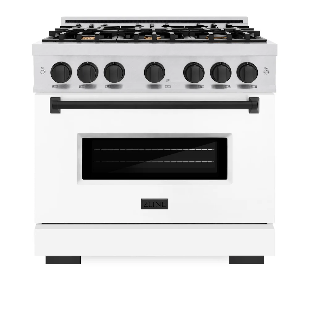 ZLINE Autograph Edition 36 in. 5.2 cu. ft. Classic Dual Fuel Range with 6 Burner Gas Cooktop and Electric Convection Oven in Satin Stainless Steel with White Matte Door and Matte Black Accents, Open Box-Great Condition - Image 4