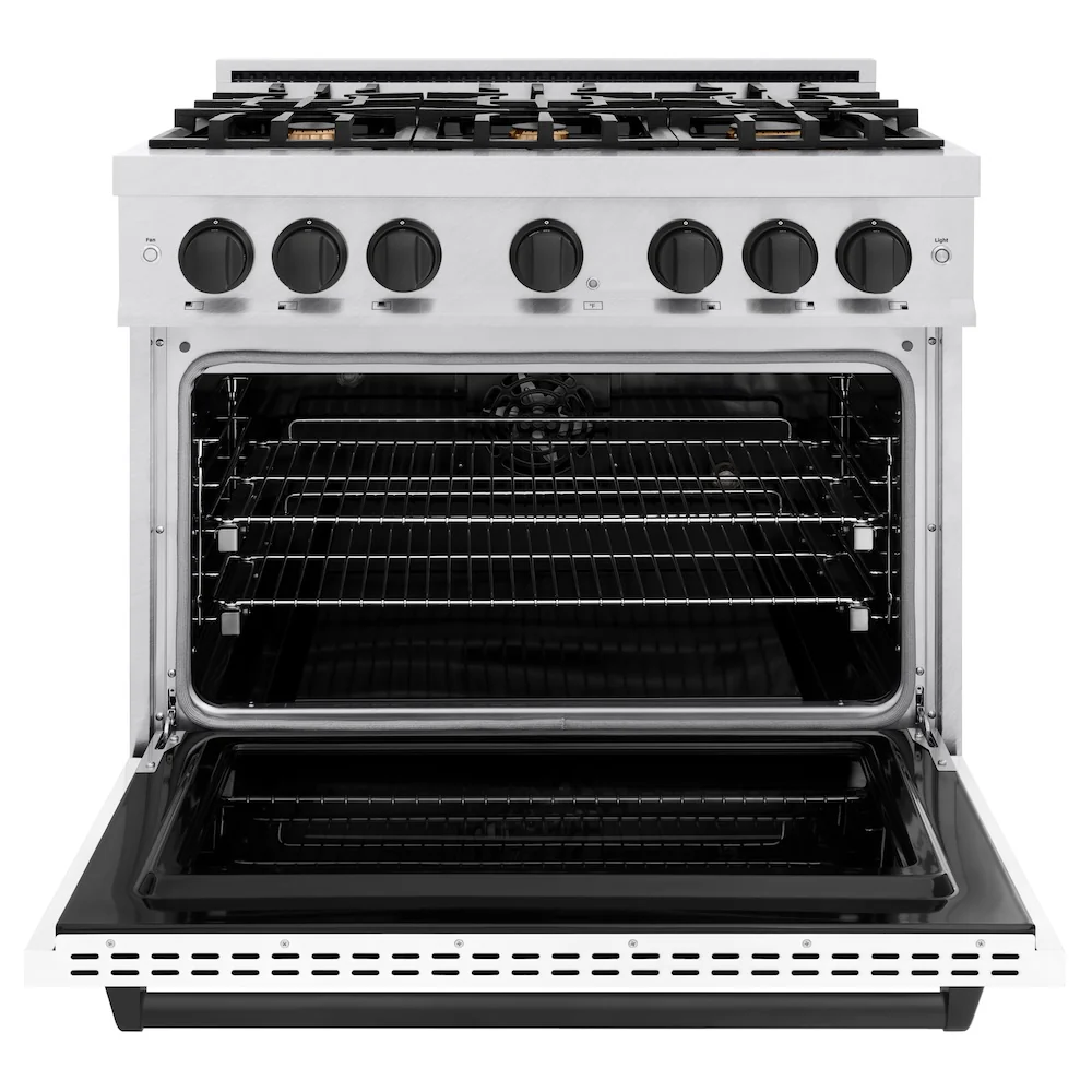 ZLINE Autograph Edition 36 in. 5.2 cu. ft. Classic Dual Fuel Range with 6 Burner Gas Cooktop and Electric Convection Oven in Satin Stainless Steel with White Matte Door and Matte Black Accents, Open Box-Great Condition - Image 5