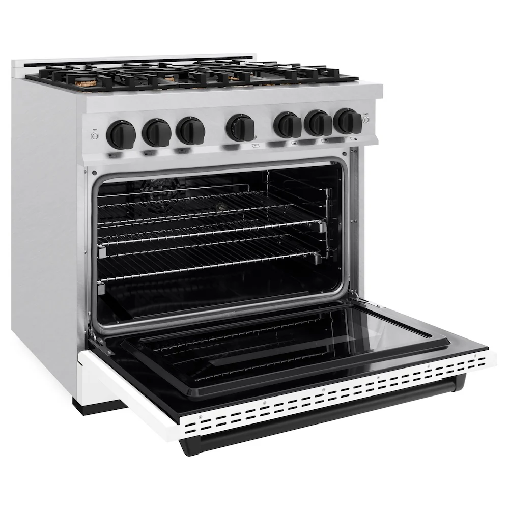 ZLINE Autograph Edition 36 in. 5.2 cu. ft. Classic Dual Fuel Range with 6 Burner Gas Cooktop and Electric Convection Oven in Satin Stainless Steel with White Matte Door and Matte Black Accents, Open Box-Great Condition - Image 7