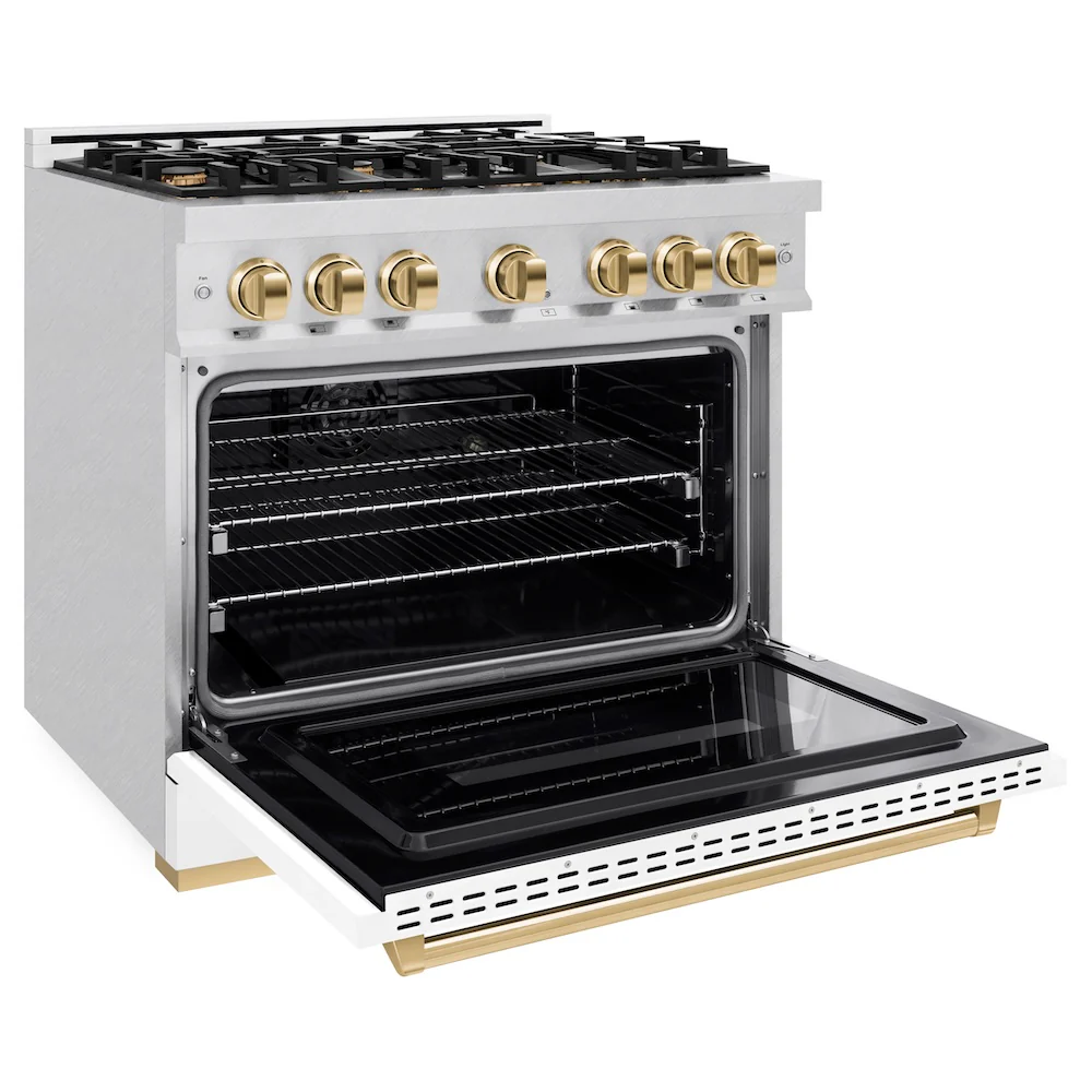 ZLINE Autograph Edition 36 in. 5.2 cu. ft. Classic Dual Fuel Range with 6 Burner Gas Cooktop and Electric Convection Oven in Satin Stainless Steel with White Matte Door and Polished Gold Accents, Open Box-Great Condition - Image 7