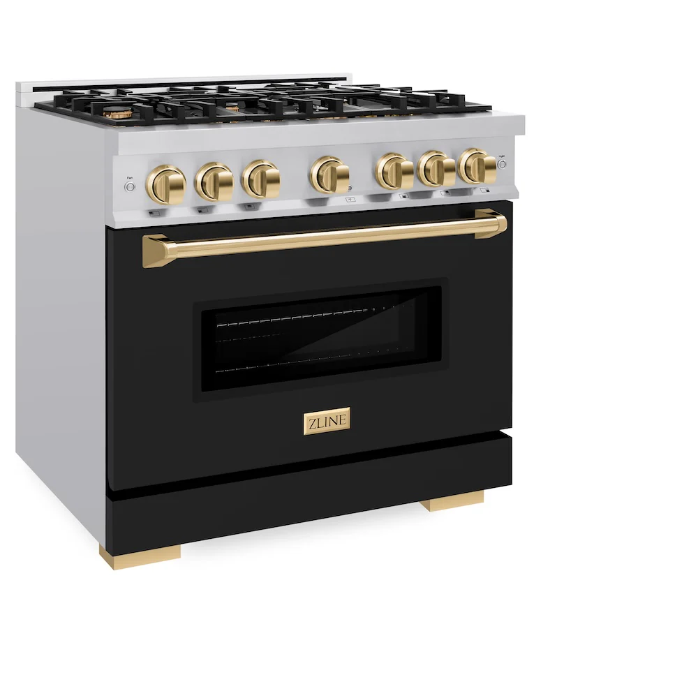 ZLINE Autograph Edition 36 in. 5.2 cu. ft. Classic Dual Fuel Range with 6 Burner Gas Cooktop and Electric Convection Oven in Stainless Steel with Black Matte Door and Polished Gold Accents, Open Box-Great Condition - Image 6