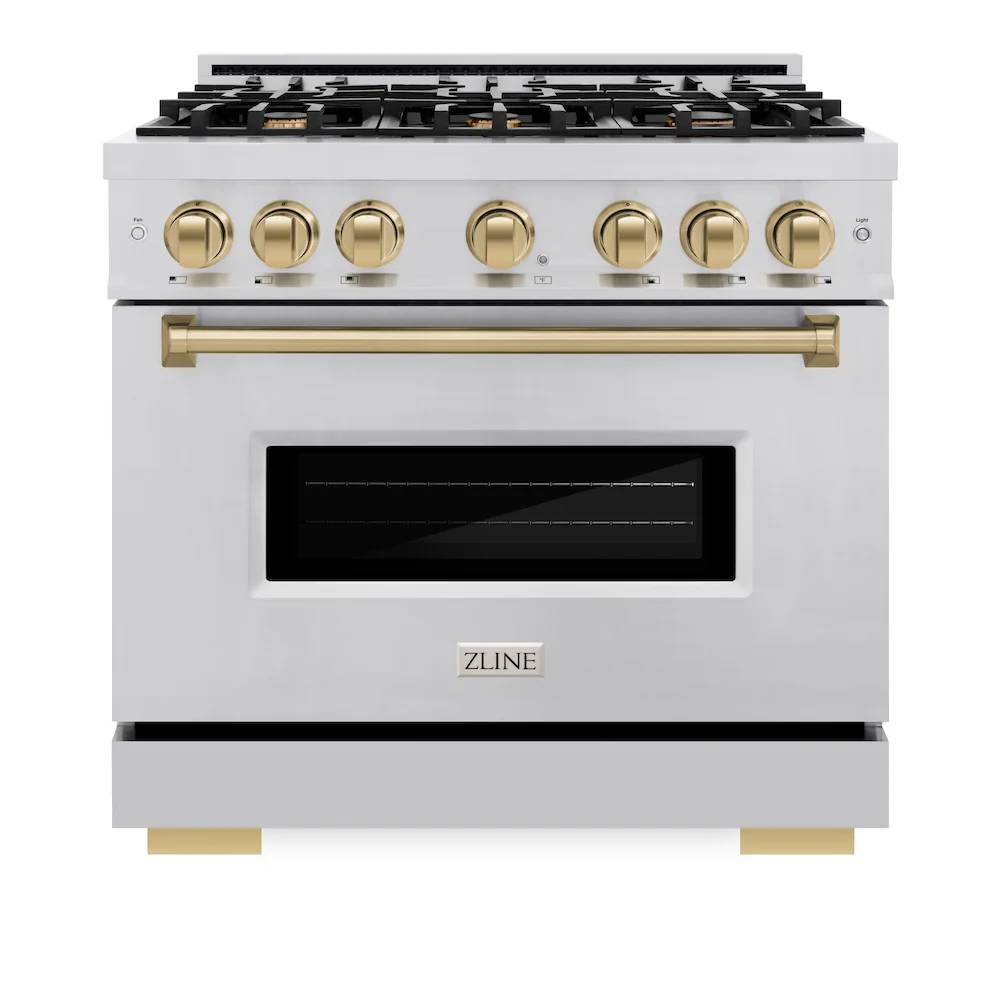 ZLINE Autograph Edition 36 in. 5.2 cu. ft. Classic Dual Fuel Range with 6 Burner Gas Cooktop and Electric Convection Oven in Stainless Steel with Champagne Bronze Accents, Open Box-Great Condition - Image 4