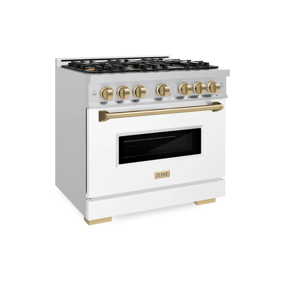 ZLINE Autograph Edition 36 in. 5.2 cu. ft. Classic Dual Fuel Range with 6 Burner Gas Cooktop and Electric Convection Oven in Stainless Steel with White Matte Door and Champagne Bronze Accents, Open Box-Great Condition