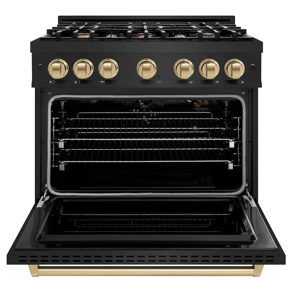 ZLINE Autograph Edition 36 in. 5.2 cu. ft. Classic Gas Range with 6 Burner Cooktop and Convection Gas Oven in Black Stainless Steel and Champagne Bronze Accents, Open Box-Great Condition - Image 5