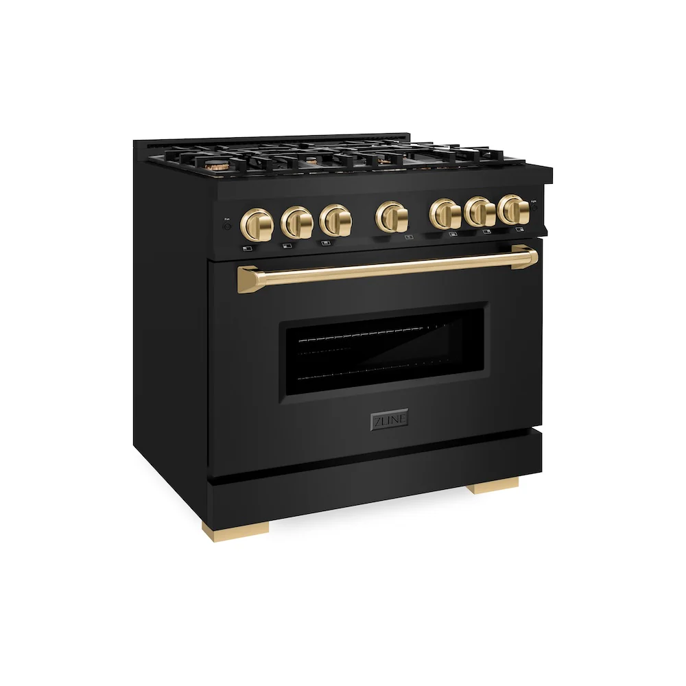 ZLINE Autograph Edition 36 in. 5.2 cu. ft. Classic Gas Range with 6 Burner Cooktop and Convection Gas Oven in Black Stainless Steel and Polished Gold Accents, Open Box-Great Condition