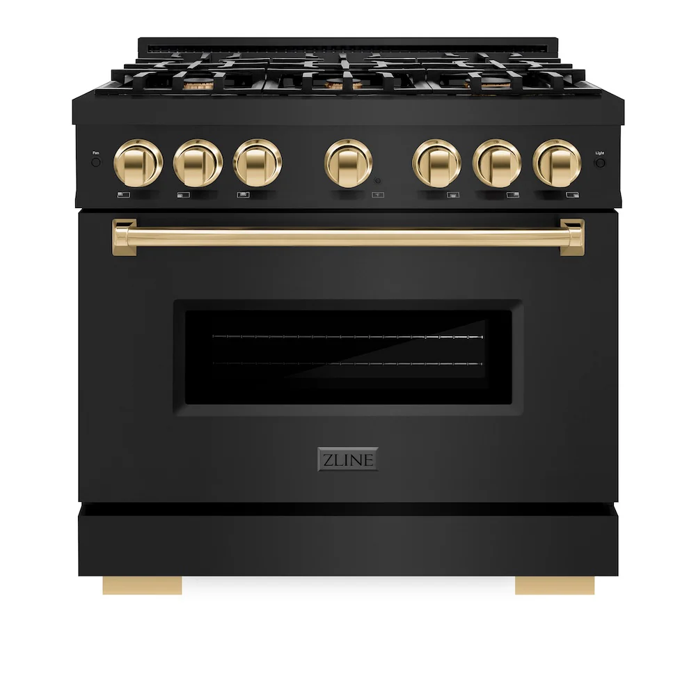 ZLINE Autograph Edition 36 in. 5.2 cu. ft. Classic Gas Range with 6 Burner Cooktop and Convection Gas Oven in Black Stainless Steel and Polished Gold Accents, Open Box-Great Condition - Image 4