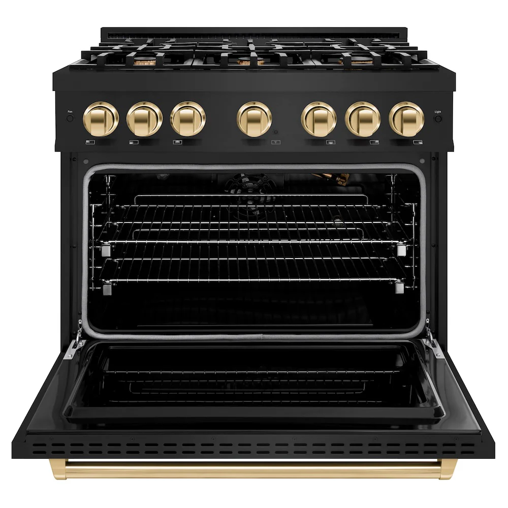 ZLINE Autograph Edition 36 in. 5.2 cu. ft. Classic Gas Range with 6 Burner Cooktop and Convection Gas Oven in Black Stainless Steel and Polished Gold Accents, Open Box-Great Condition - Image 5