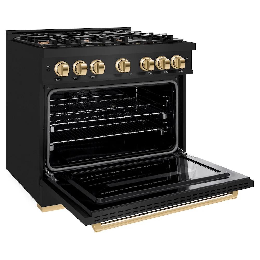 ZLINE Autograph Edition 36 in. 5.2 cu. ft. Classic Gas Range with 6 Burner Cooktop and Convection Gas Oven in Black Stainless Steel and Polished Gold Accents, Open Box-Great Condition - Image 7