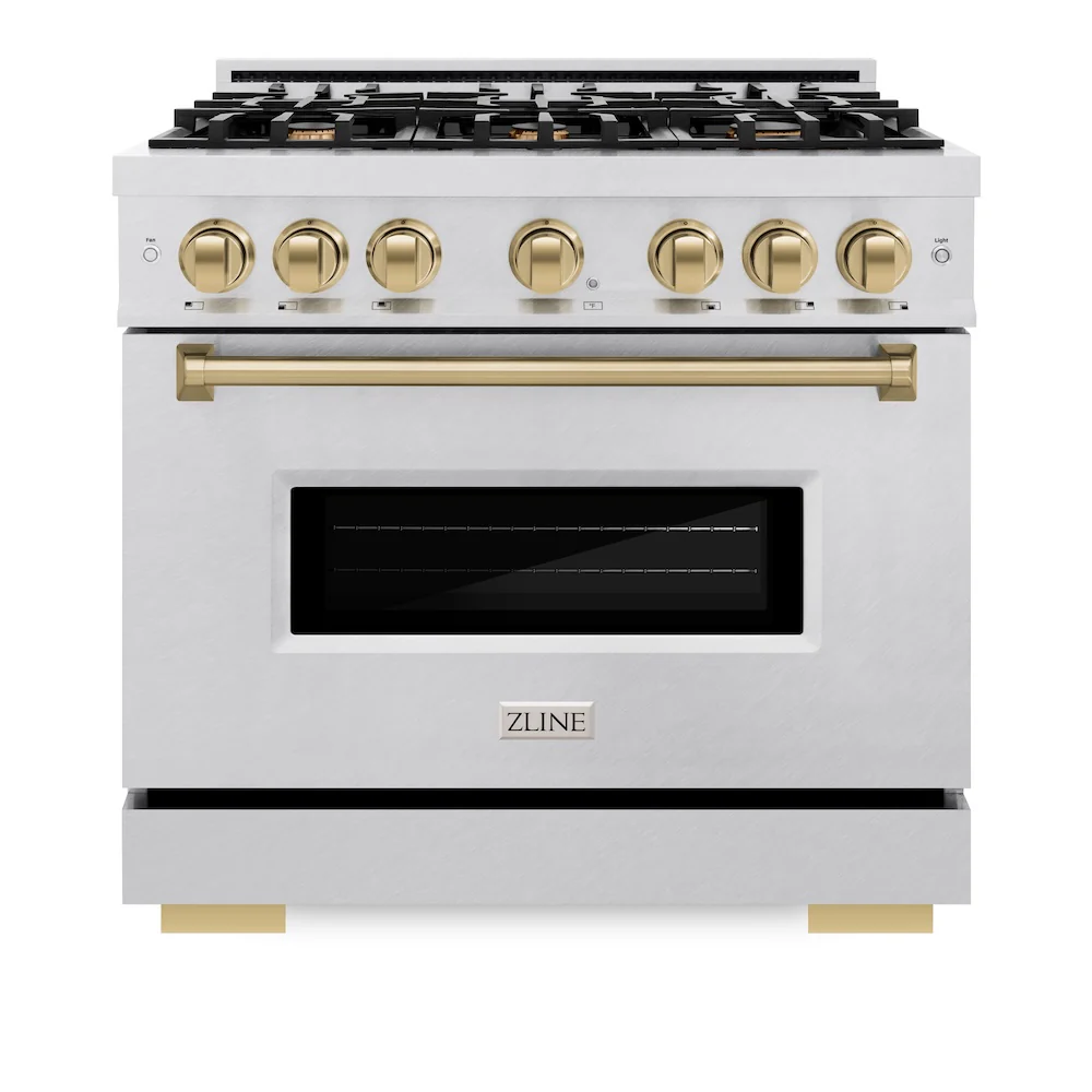 ZLINE Autograph Edition 36 in. 5.2 cu. ft. Classic Gas Range with 6 Burner Cooktop and Convection Gas Oven in Satin Stainless Steel and Champagne Bronze Accents, Open Box-Great Condition - Image 4