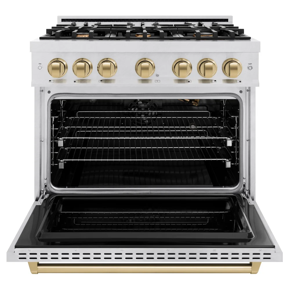 ZLINE Autograph Edition 36 in. 5.2 cu. ft. Classic Gas Range with 6 Burner Cooktop and Convection Gas Oven in Satin Stainless Steel and Champagne Bronze Accents, Open Box-Great Condition - Image 5
