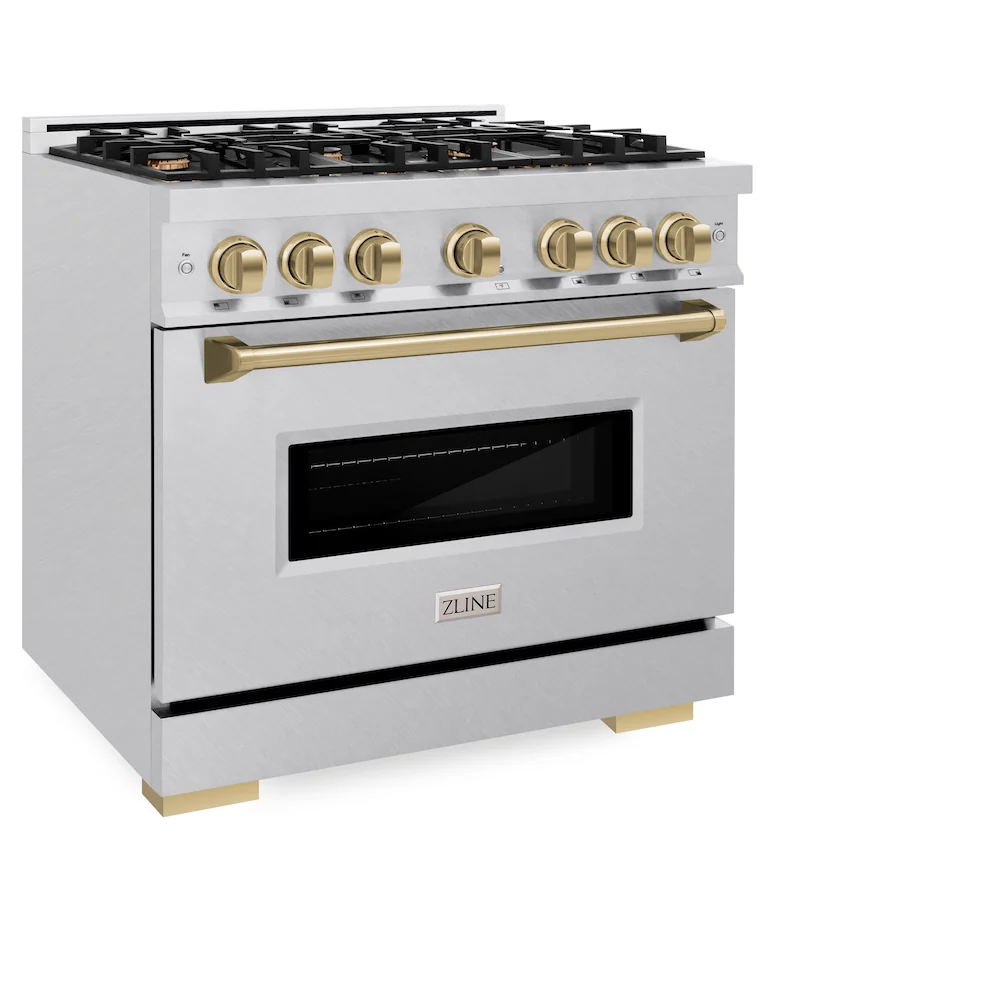 ZLINE Autograph Edition 36 in. 5.2 cu. ft. Classic Gas Range with 6 Burner Cooktop and Convection Gas Oven in Satin Stainless Steel and Champagne Bronze Accents, Open Box-Great Condition - Image 6
