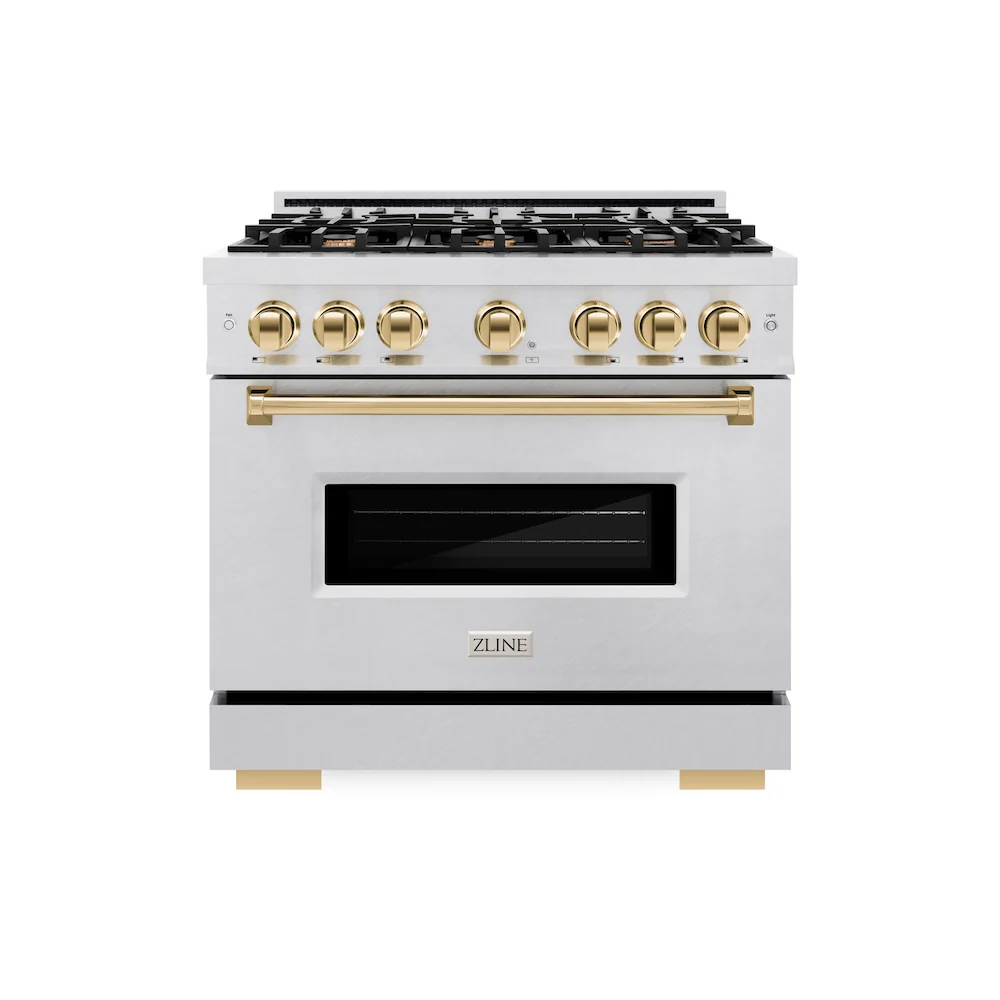 ZLINE Autograph Edition 36 in. 5.2 cu. ft. Classic Gas Range with 6 Burner Cooktop and Convection Gas Oven in Satin Stainless Steel and Polished Gold Accents, Open Box-Great Condition - Image 3