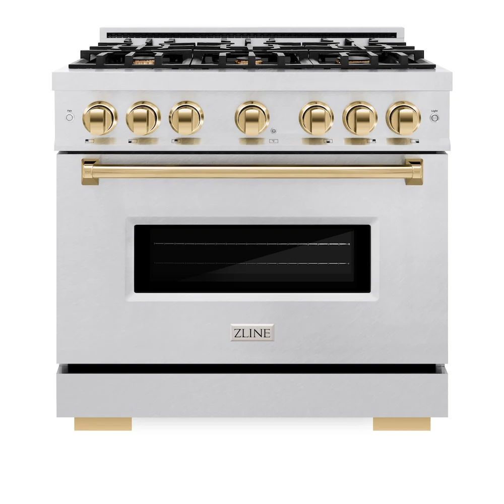 ZLINE Autograph Edition 36 in. 5.2 cu. ft. Classic Gas Range with 6 Burner Cooktop and Convection Gas Oven in Satin Stainless Steel and Polished Gold Accents, Open Box-Great Condition - Image 4