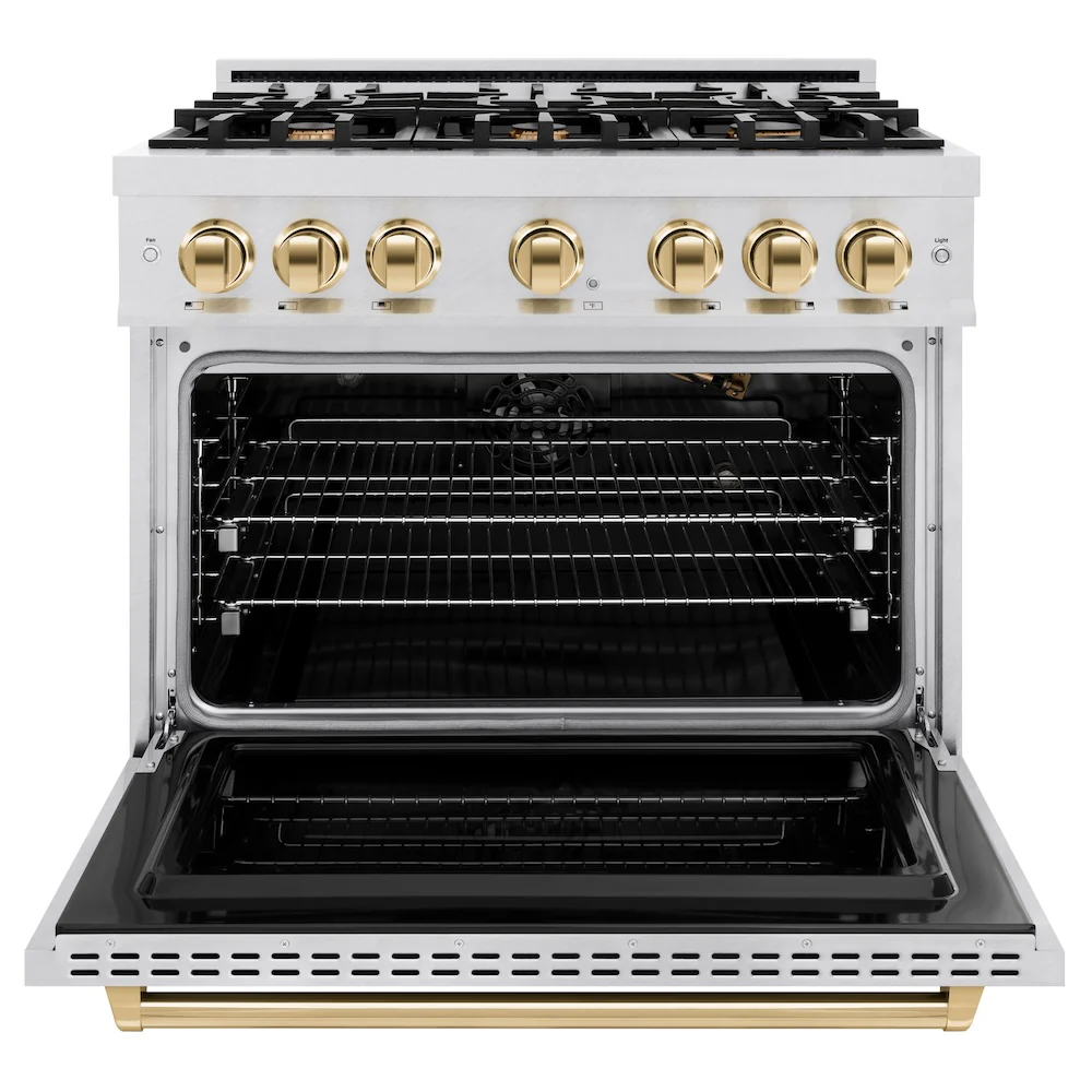 ZLINE Autograph Edition 36 in. 5.2 cu. ft. Classic Gas Range with 6 Burner Cooktop and Convection Gas Oven in Satin Stainless Steel and Polished Gold Accents, Open Box-Great Condition - Image 5