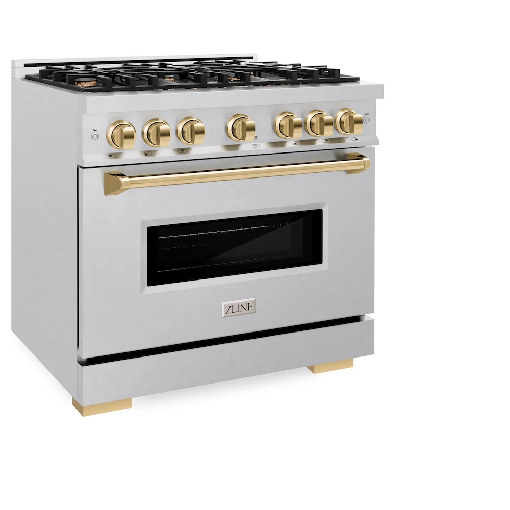 ZLINE Autograph Edition 36 in. 5.2 cu. ft. Classic Gas Range with 6 Burner Cooktop and Convection Gas Oven in Satin Stainless Steel and Polished Gold Accents, Open Box-Great Condition - Image 6
