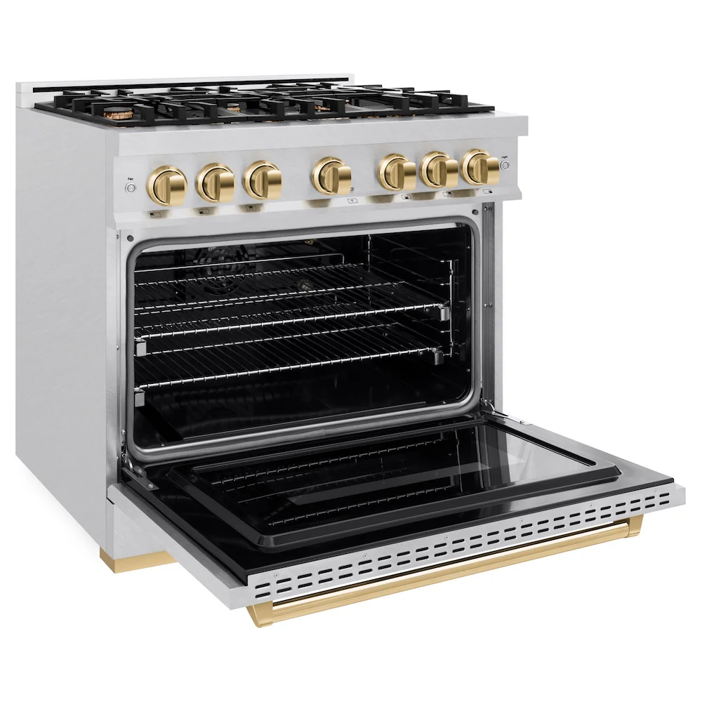 ZLINE Autograph Edition 36 in. 5.2 cu. ft. Classic Gas Range with 6 Burner Cooktop and Convection Gas Oven in Satin Stainless Steel and Polished Gold Accents, Open Box-Great Condition - Image 7