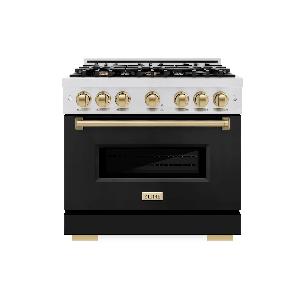ZLINE Autograph Edition 36 in. 5.2 cu. ft. Classic Gas Range with 6 Burner Cooktop and Convection Gas Oven in Satin Stainless Steel with Black Matte Door and Champagne Bronze Accents, Open Box-Great Condition - Image 3