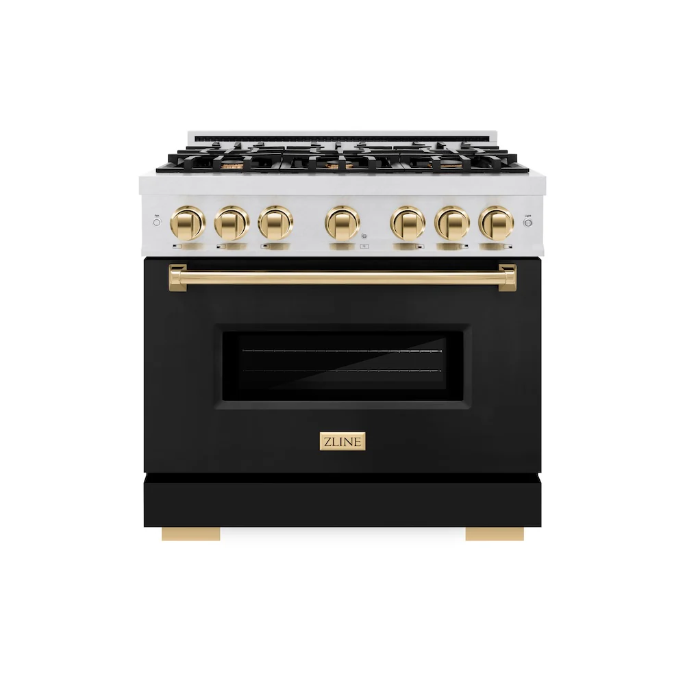 ZLINE Autograph Edition 36 in. 5.2 cu. ft. Classic Gas Range with 6 Burner Cooktop and Convection Gas Oven in Satin Stainless Steel with Black Matte Door and Polished Gold Accents, Open Box-Great Condition - Image 3