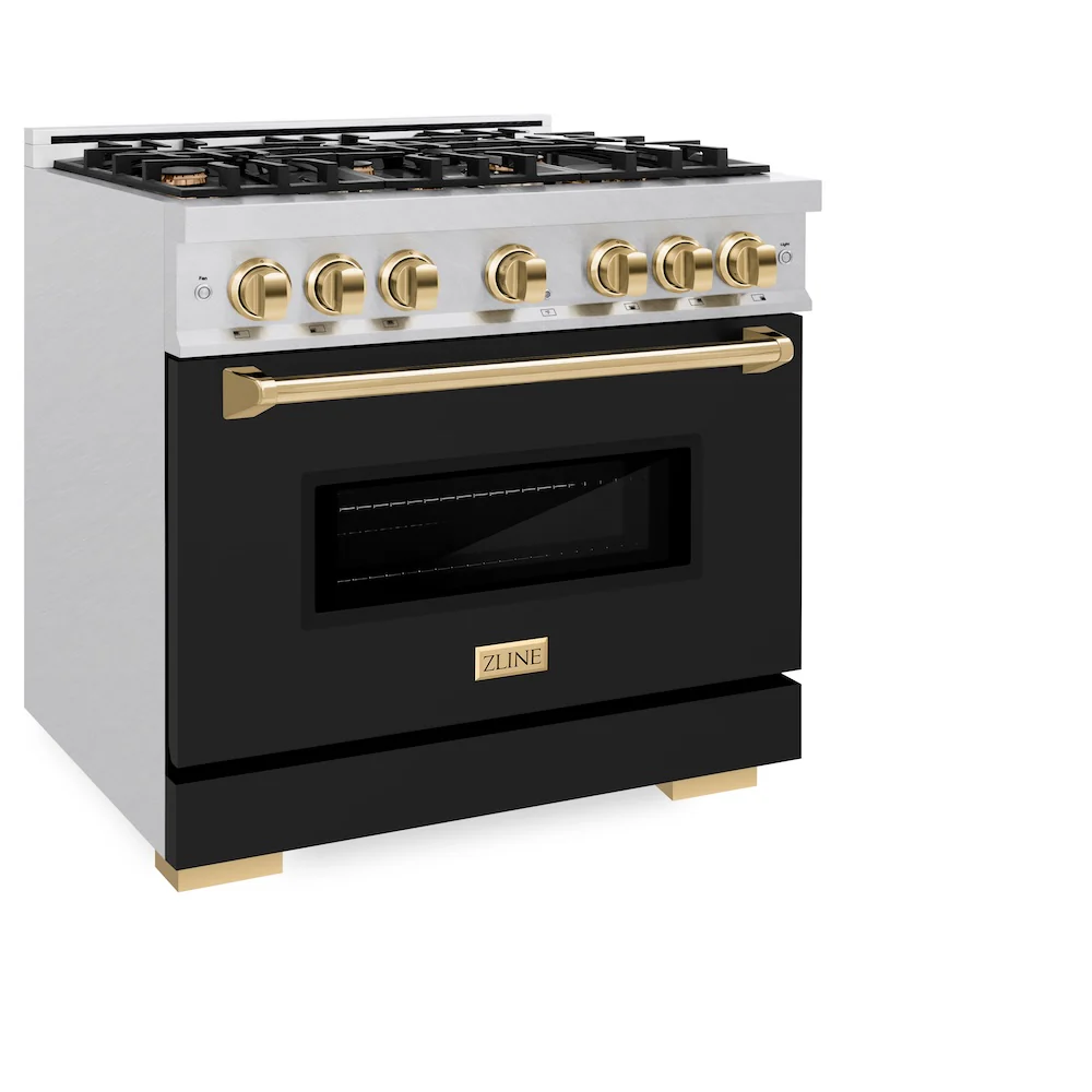 ZLINE Autograph Edition 36 in. 5.2 cu. ft. Classic Gas Range with 6 Burner Cooktop and Convection Gas Oven in Satin Stainless Steel with Black Matte Door and Polished Gold Accents, Open Box-Great Condition - Image 6