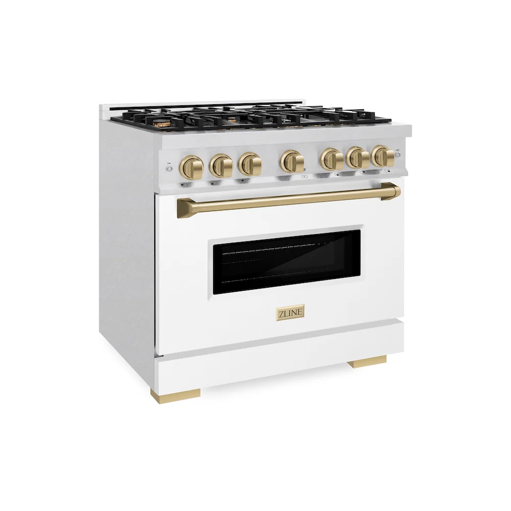ZLINE Autograph Edition 36 in. 5.2 cu. ft. Classic Gas Range with 6 Burner Cooktop and Convection Gas Oven in Satin Stainless Steel with White Matte Door and Champagne Bronze Accents, Open Box-Great Condition