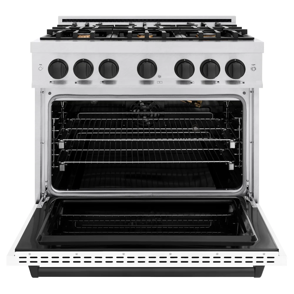 ZLINE Autograph Edition 36 in. 5.2 cu. ft. Classic Gas Range with 6 Burner Cooktop and Convection Gas Oven in Satin Stainless Steel with White Matte Door and Matte Black Accents, Open Box-Great Condition - Image 5