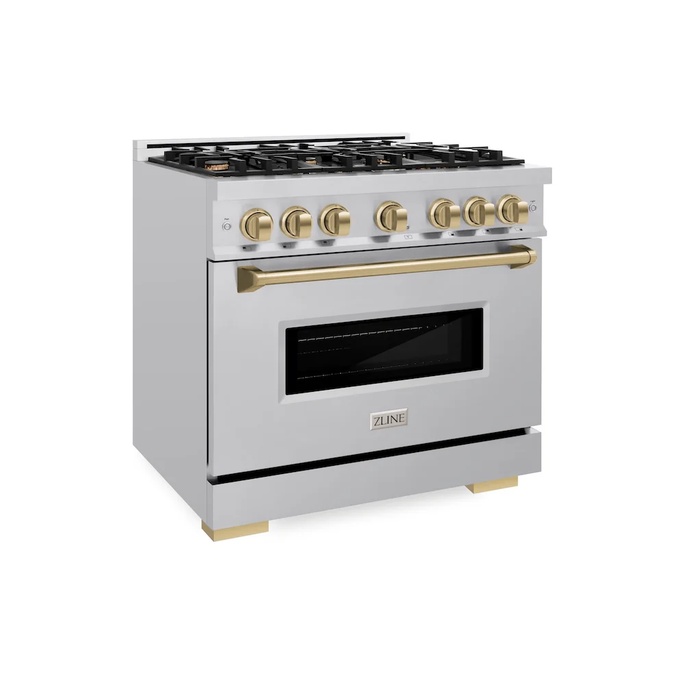 ZLINE Autograph Edition 36 in. 5.2 cu. ft. Classic Gas Range with 6 Burner Cooktop and Convection Gas Oven in Stainless Steel and Champagne Bronze Accents, Open Box-Great Condition