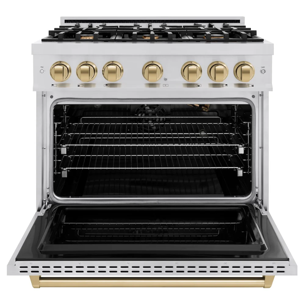 ZLINE Autograph Edition 36 in. 5.2 cu. ft. Classic Gas Range with 6 Burner Cooktop and Convection Gas Oven in Stainless Steel and Champagne Bronze Accents, Open Box-Great Condition - Image 5
