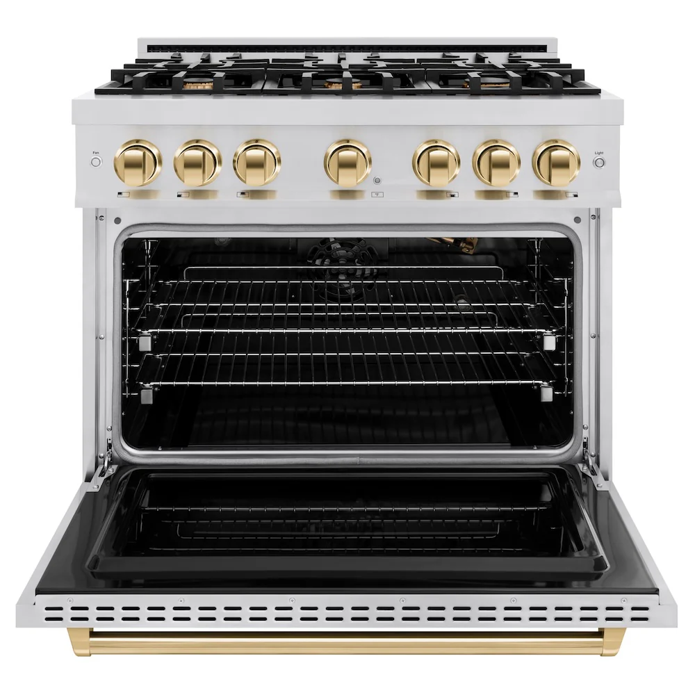 ZLINE Autograph Edition 36 in. 5.2 cu. ft. Classic Gas Range with 6 Burner Cooktop and Convection Gas Oven in Stainless Steel and Polished Gold Accents, Open Box-Great Condition - Image 5