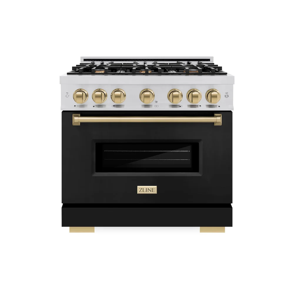 ZLINE Autograph Edition 36 in. 5.2 cu. ft. Classic Gas Range with 6 Burner Cooktop and Convection Gas Oven in Stainless Steel with Black Matte Door and Champagne Bronze Accents, Open Box-Great Condition - Image 3