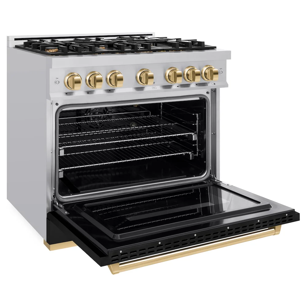 ZLINE Autograph Edition 36 in. 5.2 cu. ft. Classic Gas Range with 6 Burner Cooktop and Convection Gas Oven in Stainless Steel with Black Matte Door and Polished Gold Accents, Open Box-Great Condition - Image 7