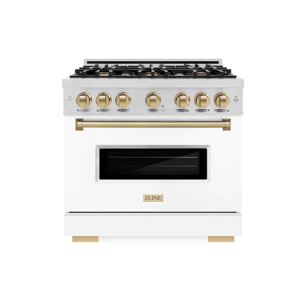 ZLINE Autograph Edition 36 in. 5.2 cu. ft. Classic Gas Range with 6 Burner Cooktop and Convection Gas Oven in Stainless Steel with White Matte Door and Champagne Bronze Accents, Open Box-Great Condition - Image 3