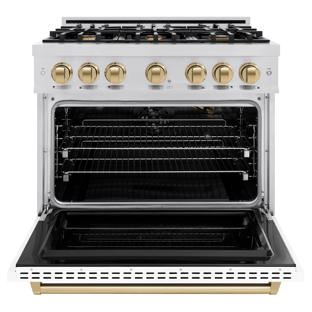 ZLINE Autograph Edition 36 in. 5.2 cu. ft. Classic Gas Range with 6 Burner Cooktop and Convection Gas Oven in Stainless Steel with White Matte Door and Champagne Bronze Accents, Open Box-Great Condition - Image 5