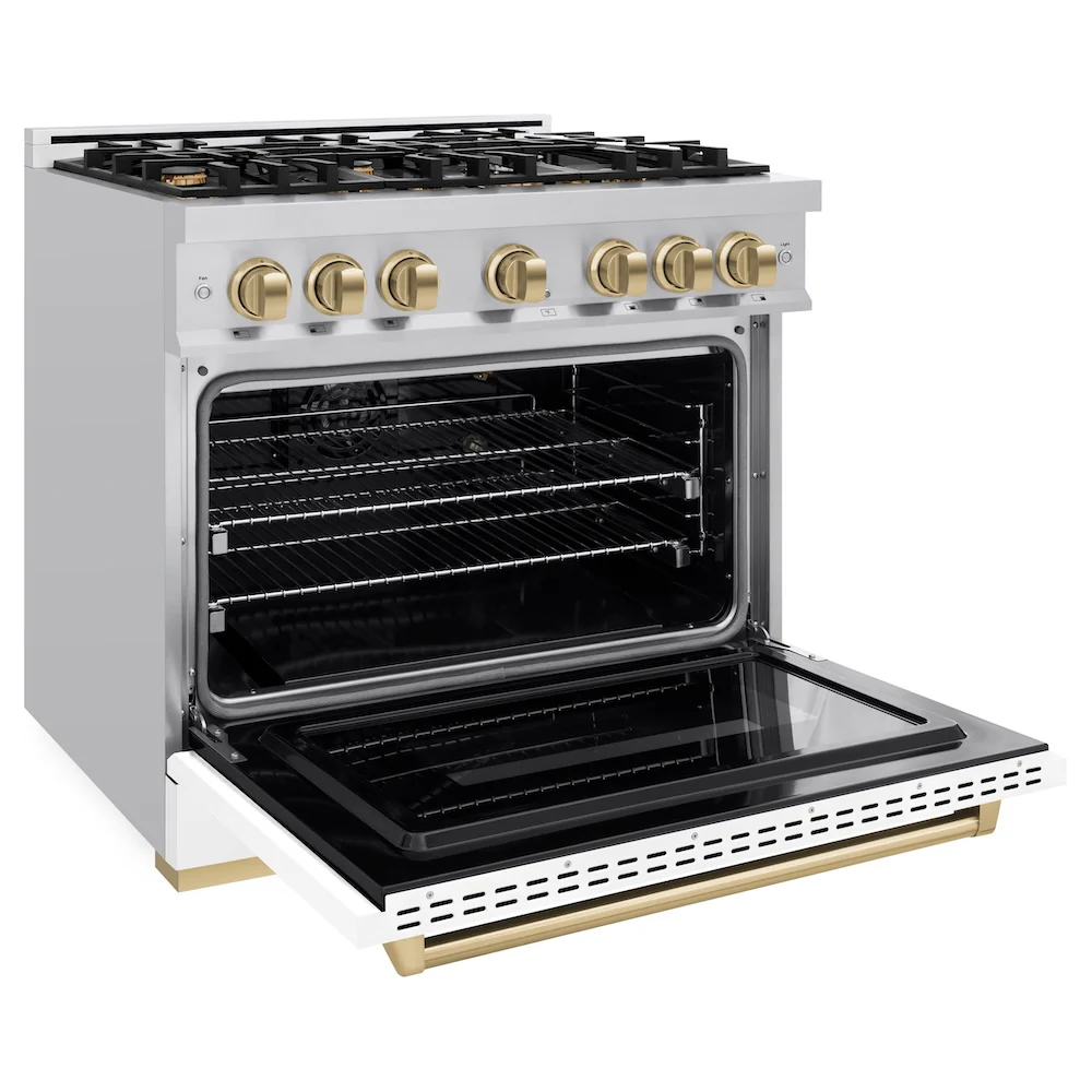 ZLINE Autograph Edition 36 in. 5.2 cu. ft. Classic Gas Range with 6 Burner Cooktop and Convection Gas Oven in Stainless Steel with White Matte Door and Champagne Bronze Accents, Open Box-Great Condition - Image 7