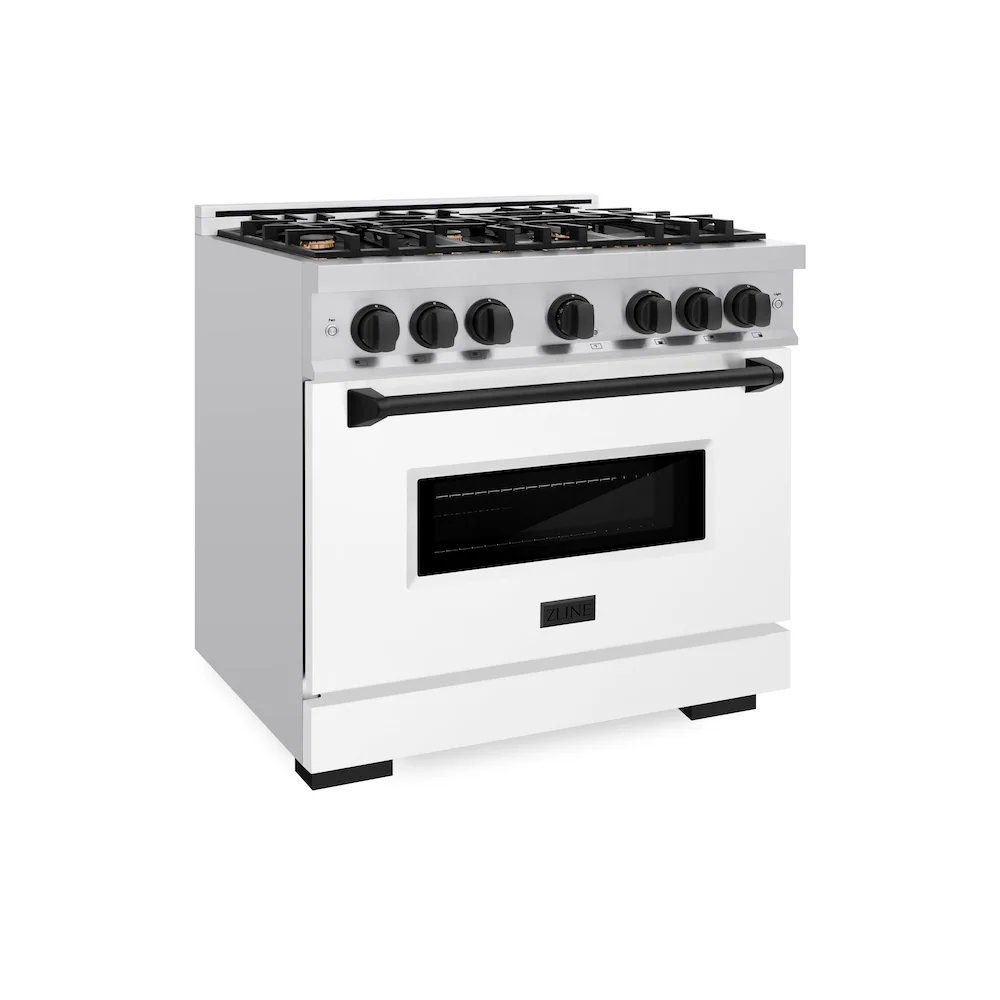 ZLINE Autograph Edition 36 in. 5.2 cu. ft. Classic Gas Range with 6 Burner Cooktop and Convection Gas Oven in Stainless Steel with White Matte Door and Matte Black Accents, Open Box-Great Condition