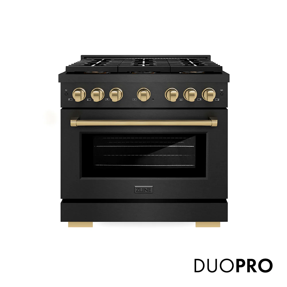 ZLINE Autograph Edition 36 in. 5.2 cu. ft. Paramount Dual Fuel Range with 6 Burner DuoPro™ Cooktop and Electric Convection Oven in Black Satin Stainless Steel and Champagne Bronze Accents, Open Box-Great Condition