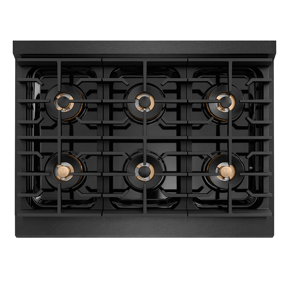 ZLINE Autograph Edition 36 in. 5.2 cu. ft. Paramount Dual Fuel Range with 6 Burner DuoPro™ Cooktop and Electric Convection Oven in Black Satin Stainless Steel and Champagne Bronze Accents, Open Box-Great Condition - Image 2