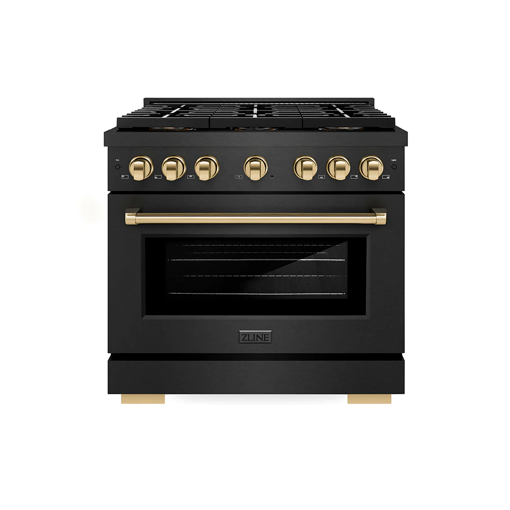 ZLINE Autograph Edition 36 in. 5.2 cu. ft. Paramount Dual Fuel Range with 6 Burner DuoPro™ Cooktop and Electric Convection Oven in Black Satin Stainless Steel and Polished Gold Accents, Open Box-Great Condition - Image 3